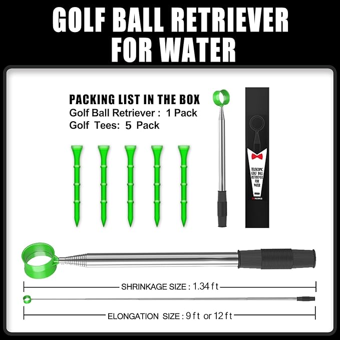 Golf Ball Retriever for Water,Telescopic 12Ft/9Ft Stainless Steel Shaft Two-Sided Easy Pick Up Balls,Unbreakable Head Retriever Tool Golf Accessories Golf Gift for Men