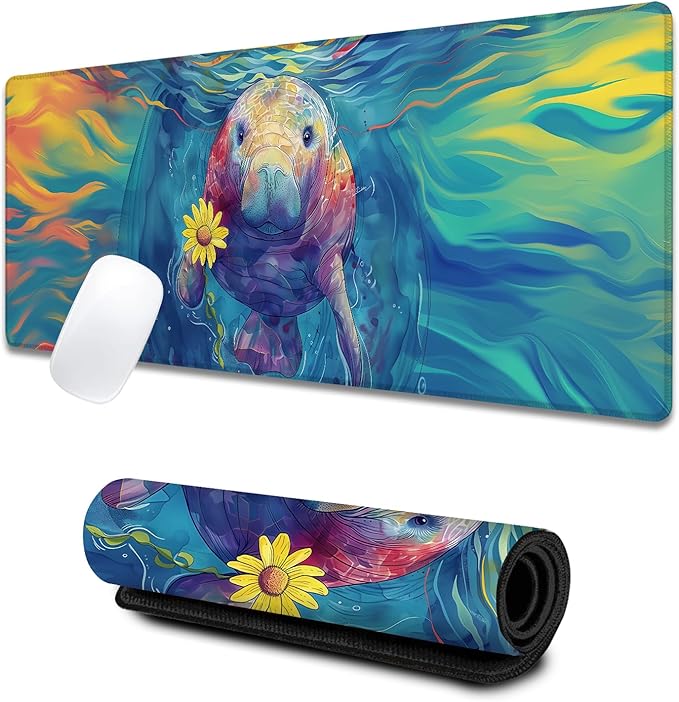 Colorful Manatee Large Gaming Desk Mat,Rubber Non-Slip Flower Ocean Mouse Pad,31.5x11.8x0.12in Extended Whimsical Marine Mousepad,Game Lover Mice Pads Gifts,Office Home Deskmat Decor