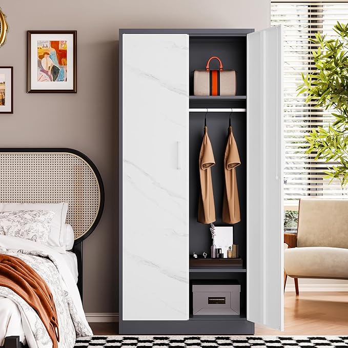 Letaya Wardrobe Closet, 72" H Clothing Storage Cabinet with Adjustable Shelves and Hanging Rod, Bedroom Armoire Clothes Organizer (White Gray)