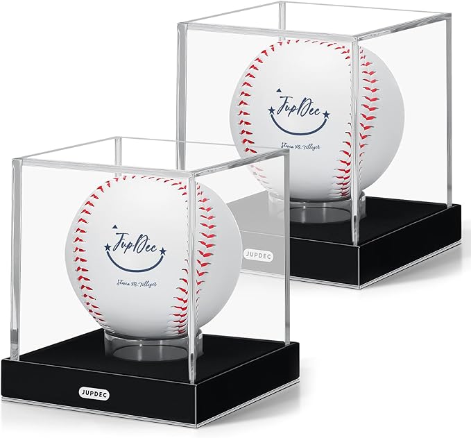 JupDec Baseball Display Case, Clear Acrylic Cube Baseball Holder with Durable Base, UV Protected Autograph Stand Box for Single Ball, Ideal Gift for Collector & Sports Enthusiast, Silvery, 2 Pack
