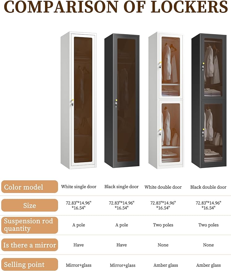 Tall Metal Locker 0rganizer for Employees with Lock, 72.83" H Amber Glass Door Cabinet with Mirror,Lockable Lifetime Locker for Home, Office, Gym, School, Garage (Single Door, White)