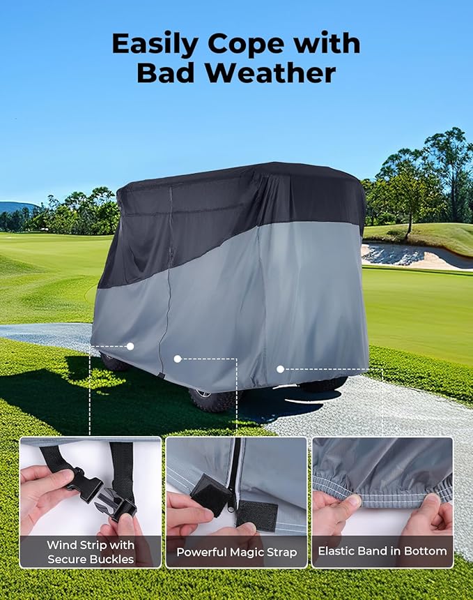 KEMIMOTO Golf Cart Cover, 2/2+2/4/4+2/6/6+2/8 Passenger Heavy Duty Golf Cart Rain Covers with Storage Bag Universal Compatible with EZGO Club Car