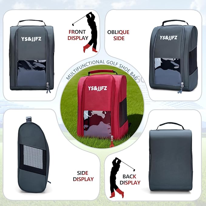 YS&JJFZ Golf Shoe Bag, 2 Pcs Golf Shoes Bag Men/Women Outdoor Zippered shoe bags for travel Tote with Ventilation, 2-sided breathable mesh fabric, front transparent visible film