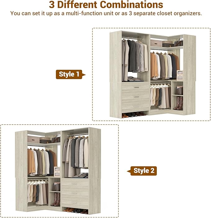 Aheaplus Closet System with 3 Drawers, 2 Hanging Rods & Corner Tower, Corner Closet System with Hanging, L-Shaped Walk-In Wardrobe Organizer, 1300+ lbs Capacity, Set of 2, White Oak