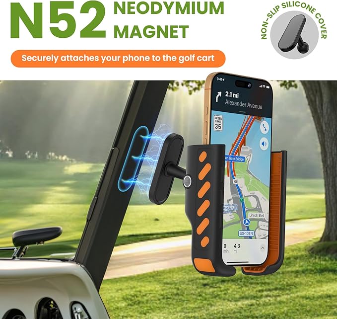 Magnetic Golf Cart Phone Holder - Premium N52 Magnet Phone Caddy Compatible with EZGO, Club Car, Yamaha, Universal Secure Mount for iPhone, Samsung & Smartphone, Durable Golf Accessories for Men Women