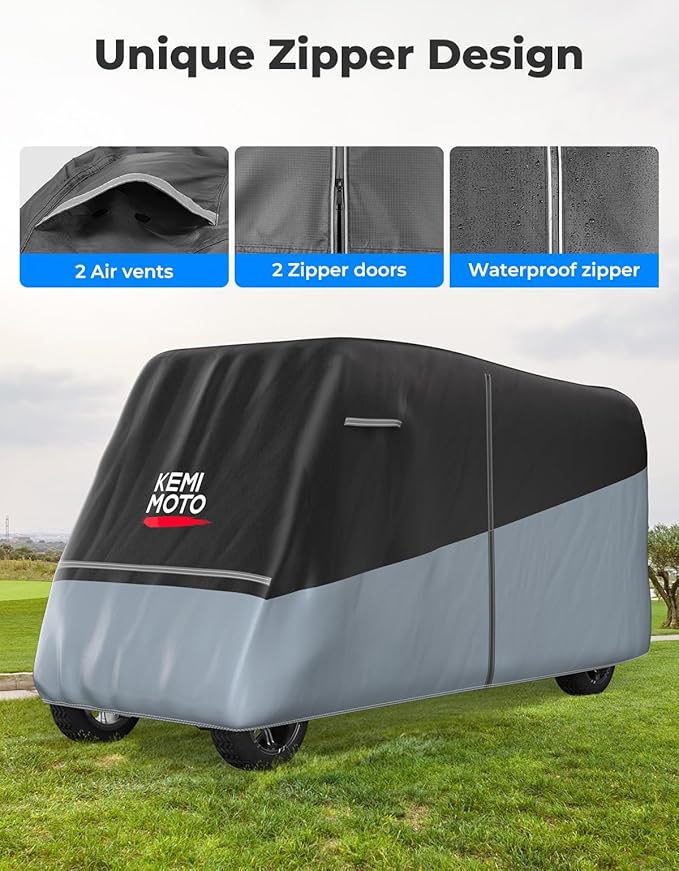 KEMIMOTO Golf Cart Cover, 2/2+2/4/4+2/6/6+2/8 Passenger Heavy Duty Golf Cart Rain Covers with Storage Bag Universal Compatible with EZGO Club Car