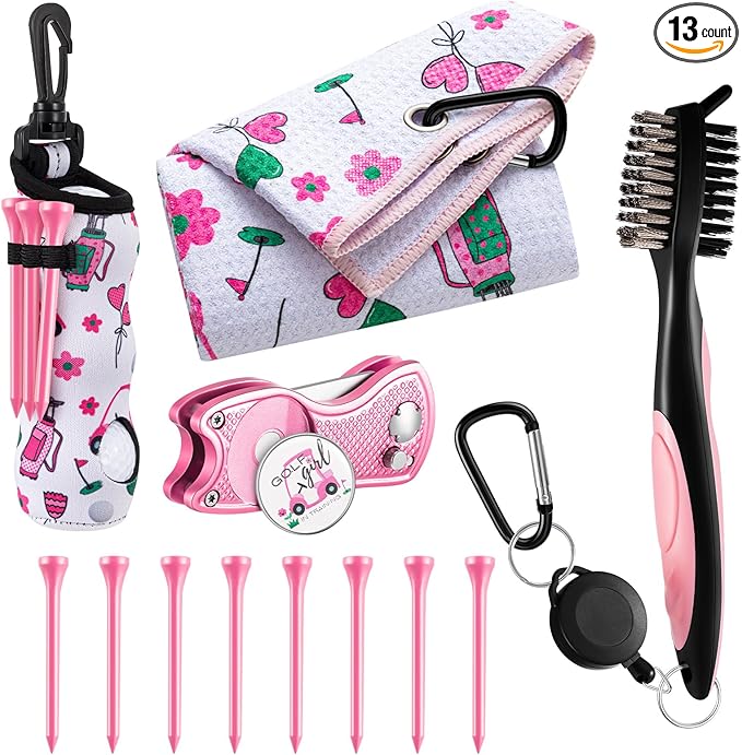 Liliful 12 Pcs Golf Accessories Kit, Include Golf Ball Bag with Hook Towel Tees Magnetic Ball Marker Divot Tool Cleaner Brush for Women Man Gifts