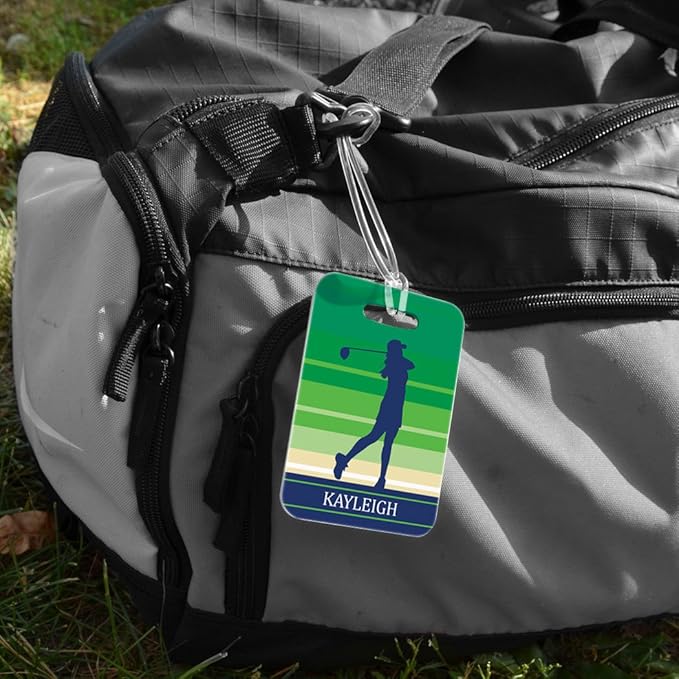 ChalkTalkSPORTS Golf Luggage & Bag Tag | Personalized Female Golfer | Standard Lines on Back | Medium | Green