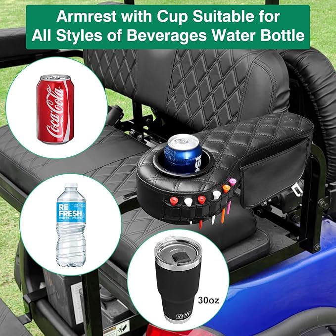 Golf Cart Diamond Armrest with Cup Holder for Rear Seat, Upgraded Stable Triangle Support Frame No Drilling for EZGO Club Car DS Precedent Yamaha Golf Carts Arm Rest with 1" Side Square Tube