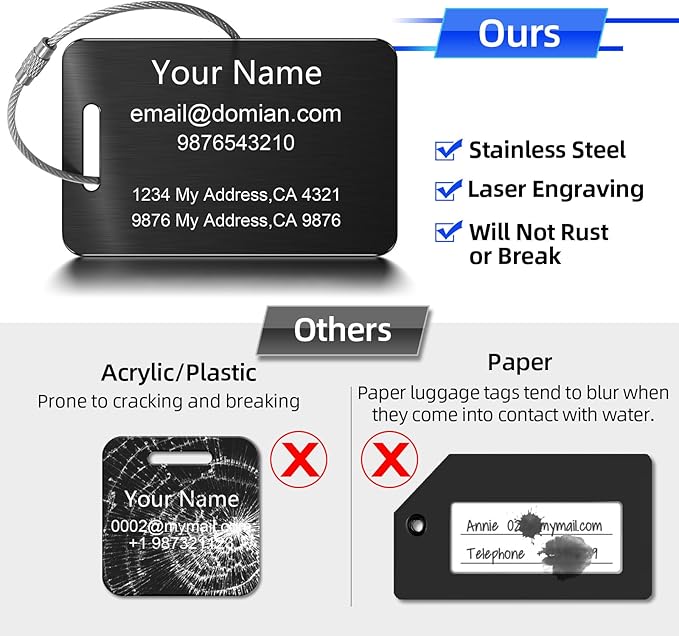 Stainless Steel Personalized Luggage Tags for Suitcases - Custom Name ID Travel Tags for Luggage, Backpacks and Bags - Metal Travel Essentials Accessories for Kids, Women and Men - Bulk Set (2 Pack)