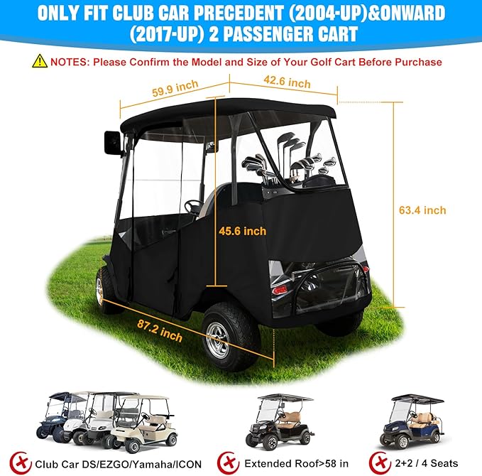 iLSKW Golf Cart Driving Enclosure 2 Passenger Only for Club Car Precedent 2004-Up, Tempo & Onward 2017-Up Cart with Roll Up Door Zipper Design, 4-Side Clear Windows 600D Heavy Duty Rain Cover