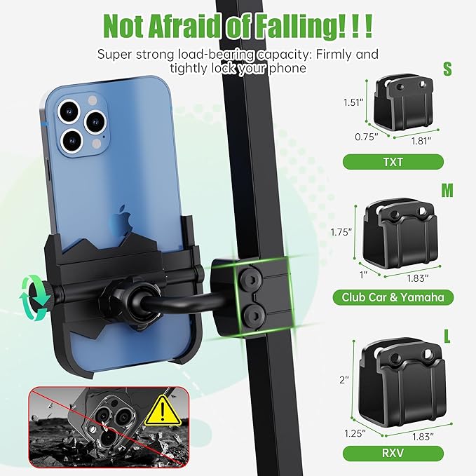 Phone Mount for Yamaha, EZGO, Club Car, 360-Degree Rotatable Universal Golf Cart Phone Holder Compatible with Most Smartphones - No Drilling