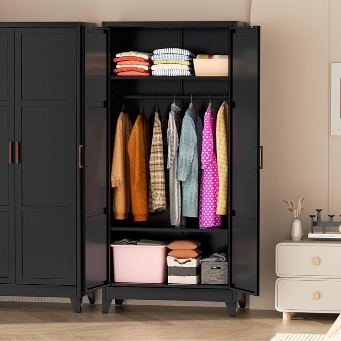 Greenvelly Metal Wardrobe Cabinet, 19" D x 36" W x 72" H Metal Wardrobe Closet with Hanging Rods and Adjustable Shelves,Clothing Storage Closet Cabinet for Bedroom, Cloak Room, Laundry Room (Black)