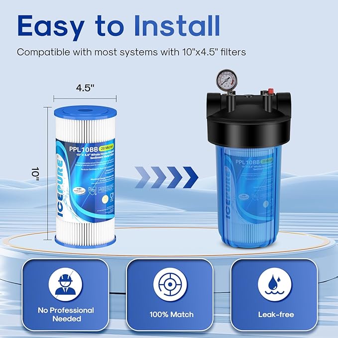 ICEPURE 20 Micron 10" x 4.5" Whole House Extra Coarse Pleated Sediment Filter for Well Water, Replacement Cartridge for GE FXHSC, DuPont WFHDC3001, R50-BB, Culligan R50-BBSA, W50PEHD, 4Pack