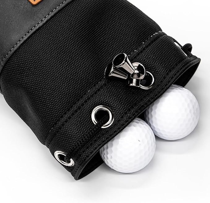 Golf Valuables Pouch,Bucket Waist Design Golf Pouch Bag with Drawstrings Golf Tee Bag Pouch Leather for Men Women Black