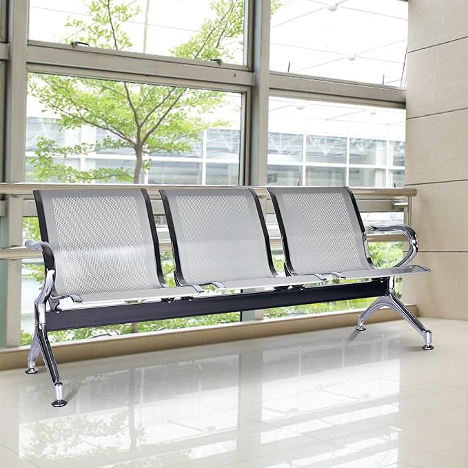 Kinfant Waiting Room Chair Bench - Guest Reception Chairs for Airport Hospital Bank Salon Barber Hall Room Conference (3-seat, Silver-Mesh)
