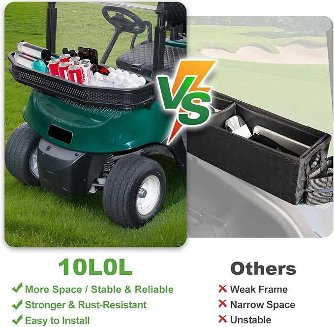 10L0L Golf Cart Front Clay Utility Cargo Basket for Gas & Electric, Heavy-Duty Steel Drop Mesh Storage Rack