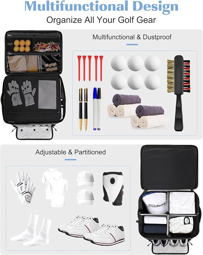 Golf Trunk Organizer, Waterproof Car Golf Locker with Separate Ventilated Compartment for 2 Pair Shoes, Golf Storage for Balls, Tees, Cap, Clothes, Gloves, Accessories, Gifts for Men, Women