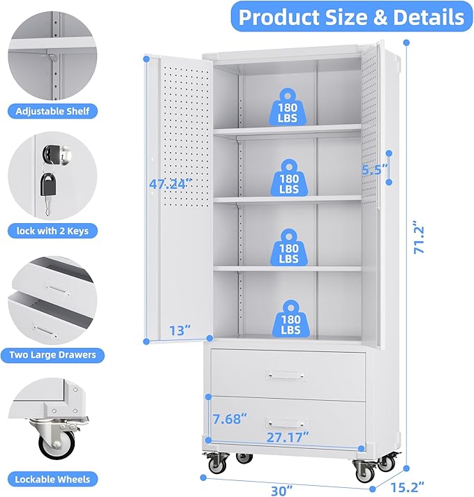 SUXXAN Rolling Storage Cabinet with 2 Doors and 2 Drawers, Heavy Duty Metal Storage Cabinet with Shelves, Locking Steel Cabinet for Warehouse, Home, Office (White)