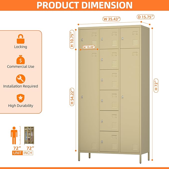 METAN Metal Locker for School Office Gym Bedroom, 10 Doors Steel Storage Locker Cabinet for Employees, Industrial Storage Locker, Assembly Required (Camel)