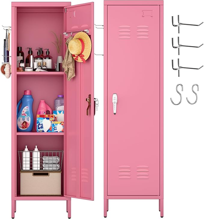 Aobabo 54" H Pink Metal Lockers, Storage Locker Cabinet with Lockable 1 Door and Towel Rack and 2 Side Pegboards with Hooks for Home School Office, Assembly Required