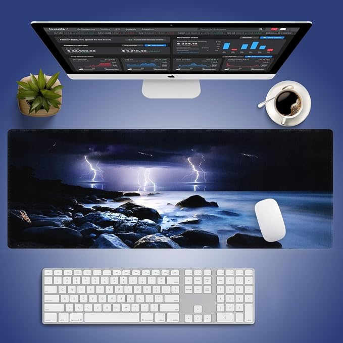 Wknoon. Extra Large Gaming & Office Mouse Pad (31.5" x 11.8") – Nature Lightning Summer Storm Bolts Over Rocks in Ocean Nightmare Theme Weather, Anti-Slip XXL Desk Mat with Durable Stitched Edges