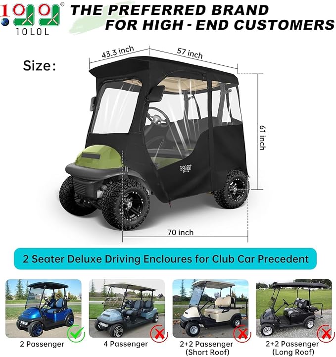 10L0L 2 Passenger Golf Cart Driving Enclosure for Club Car Precedent/Onward/Tempo, 4-Sided Clear Window 600D Rain Cover All Weather Windproof Waterproof