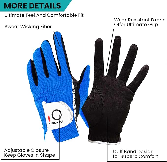 FINGER TEN Premium Rain Grip Men's Golf Gloves 1 Pair, Hot Wet Weather No Sweat Glove for Serious Feel & Performance, Left Right Hand Black Gray White Blue Fit Size S M L XL 2XL 3XL