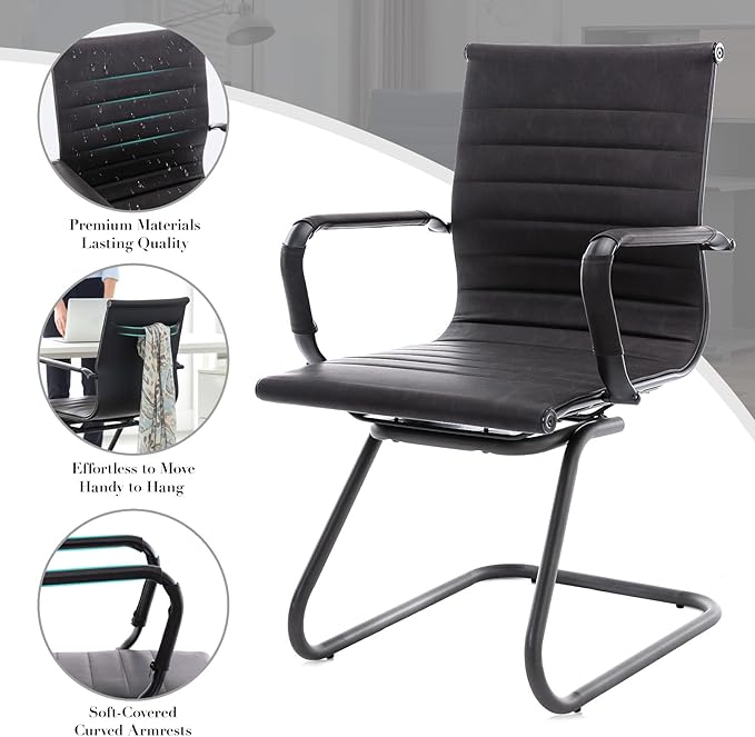 CIMOTA Waiting Room Chairs Leather Office Guest Chair Mid Back Reception Chairs with Sled Base for Meeting/Patient/Conference Room, Retro Black Set of 8