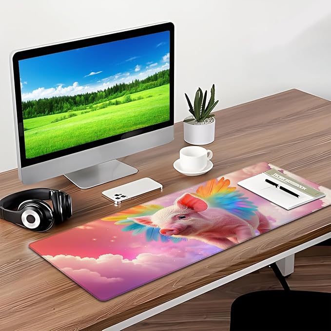 Rainbow Pink Pig Gaming Mouse Pad, Desk Mat, Non-Slip Rubber Base Cool Aesthetic MousePads for Computer Laptop Keyboard Office School Home Desktop Accessories Decor 31.5" x 11.8"