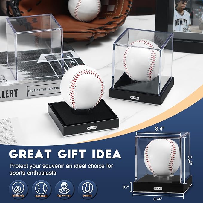 JupDec Baseball Display Case, Clear Acrylic Cube Baseball Holder with Durable Base, UV Protected Autograph Stand Box for Single Ball, Ideal Gift for Collector & Sports Enthusiast, Silvery, 1 Pack