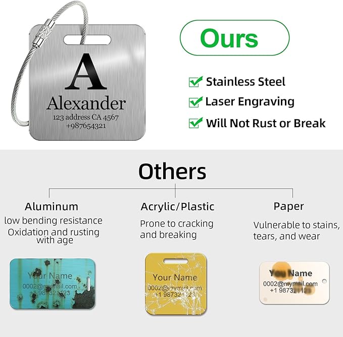 Customized Stainless Steel Luggage Tags: Personalize Your Suitcases, Backpacks, and Bags with Your Text - Custom Initial Text Name ID,Number