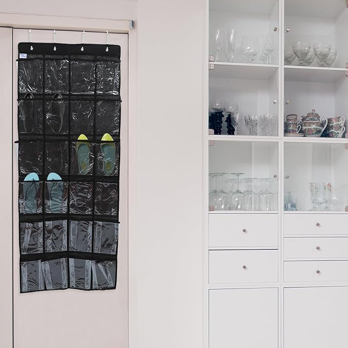 24-Pocket Shoe Hanging Organizer Bag, Black Non-Woven Fabric Door Hanging Storage Bag with Mesh Pockets, Multipurpose Closet Organizer for Bedroom and Home Use