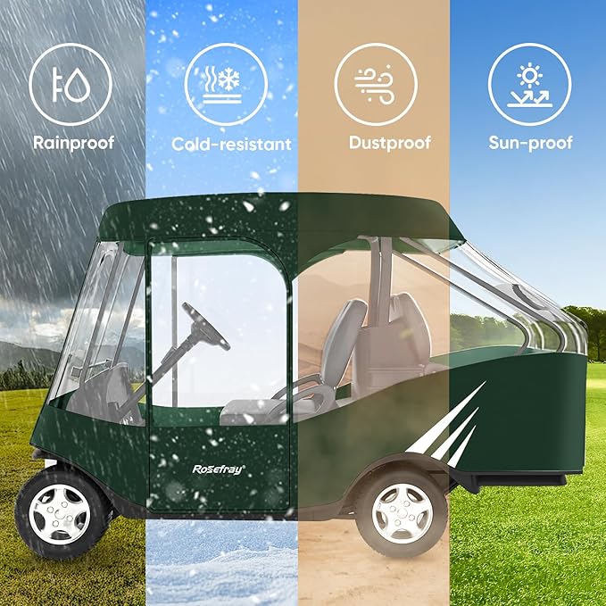 Rosefray Golf Cart Enclosure, 2+2 Drivable Rain Cover, Short Roof 58" - EZGO, Club Car - Durable Door Zipper - 4 Seater Golf Cart Cover Glowing at Night