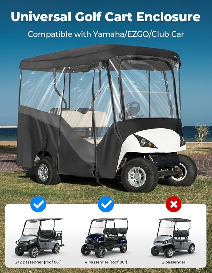 KEMIMOTO Golf Cart Enclosure, 4&6 Passenger Golf Cart Rain Cover, 600D Waterproof Driving Enclosure with Clear PVC Windshield for Extended Roof Cart