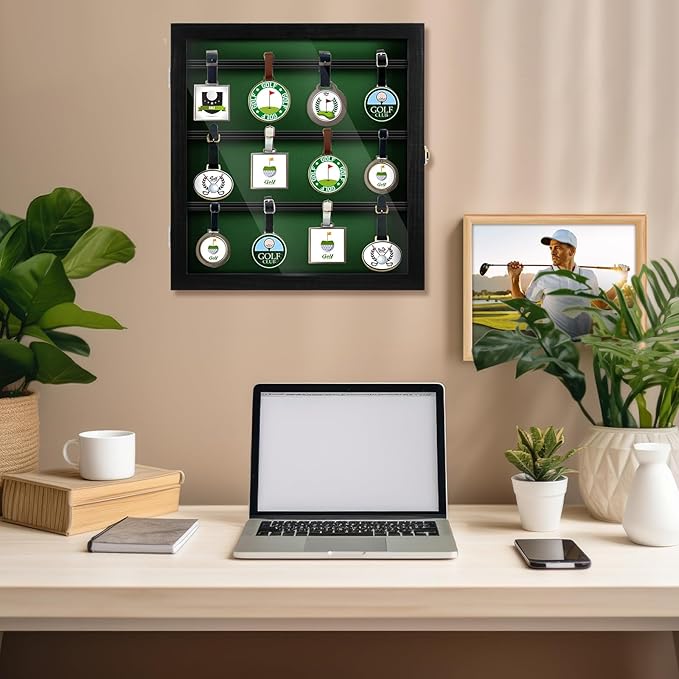 Golf Bag Tag Collection Display Case Holds 40 Bag Tags 16.54 x 15.35 x 1.77 Inch Wall Mount Wooden Shadow Box W/98% UV Acrylic Door Lockable Storage Display Box for Collection (Black, Green)