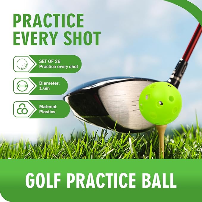 26 Pack Practice Golf Balls, 41mm Hollow Airflow Plastic Golf Balls with Golf Tees, for Indoor Outdoor Driving Range Backyard Swing Practice