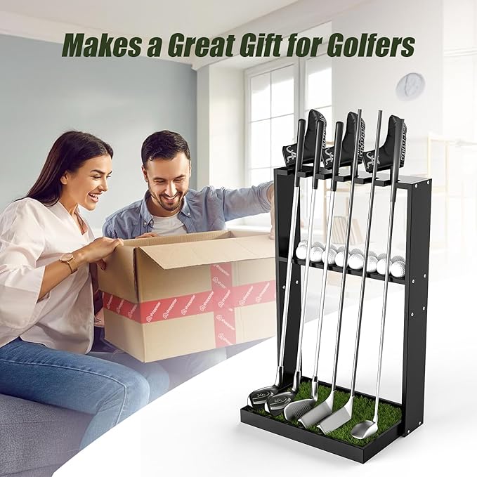 Golf Putter Stand, Premium Wooden Golf Club Rack for 6 Clubs, 18 Balls & 3 Putter Covers Storage, Golf Putter Stand, Floor Display Rack for Indoor Home Office Club Simulator