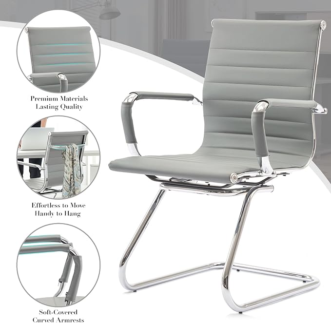 CIMOTA Waiting Room Chairs Set of 6 Leather Office Guest Chair Mid Back Reception Chairs with Sled Base for Meeting/Patient/Conference Room, Grey, 6PCS