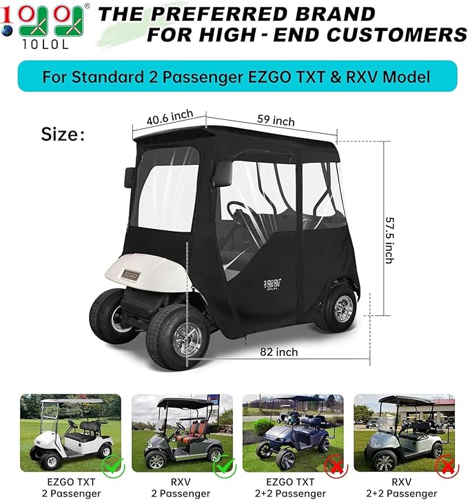 10L0L 2/4 Passenger Golf Cart Driving Enclosure for EZGO TXT/RXV Model, 4-Sided Clear Window 600D Rain Cover All Weather Windproof Waterproof - Black/Beige