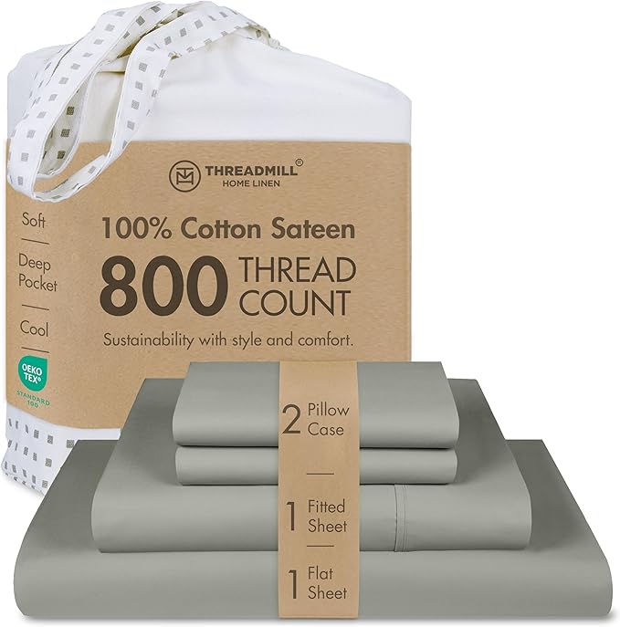 Threadmill Luxury 800 Thread Count Queen 100% Cotton Sheets - Moonrock Grey Sateen Weave Bed-Sheets, Better Than Egyptian Cotton,4 Pc Solid Soft Bed Set, Fits 16" Deep Pocket