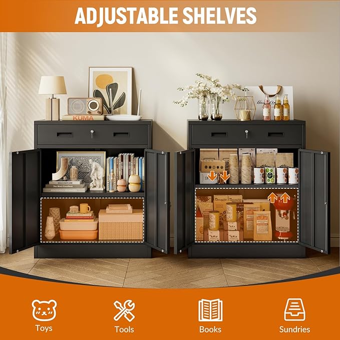 BESFUR Metal Storage Cabinet with Lockable Drawer and 2 Lockable Doors, 36"H Black Metal Cabinet with Adjustable Shelf, Locking Storage Cabinet for Home Office, Garage,School, Warehouse, Utility Room