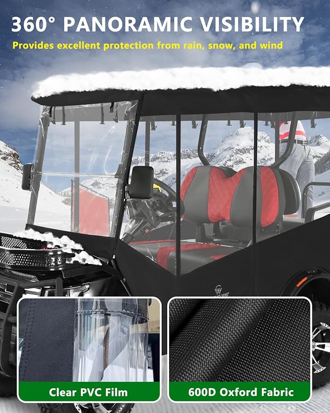 Golf Cart Enclosures 4 Passenger 93 inch Extended Roof for EDACAR Terrain 4 Seater,Clear Rain Cover 4 Sided Transparent Windows Zippers Door Roll Up Driving Enclosure,Side Mirrors Opening(Black)