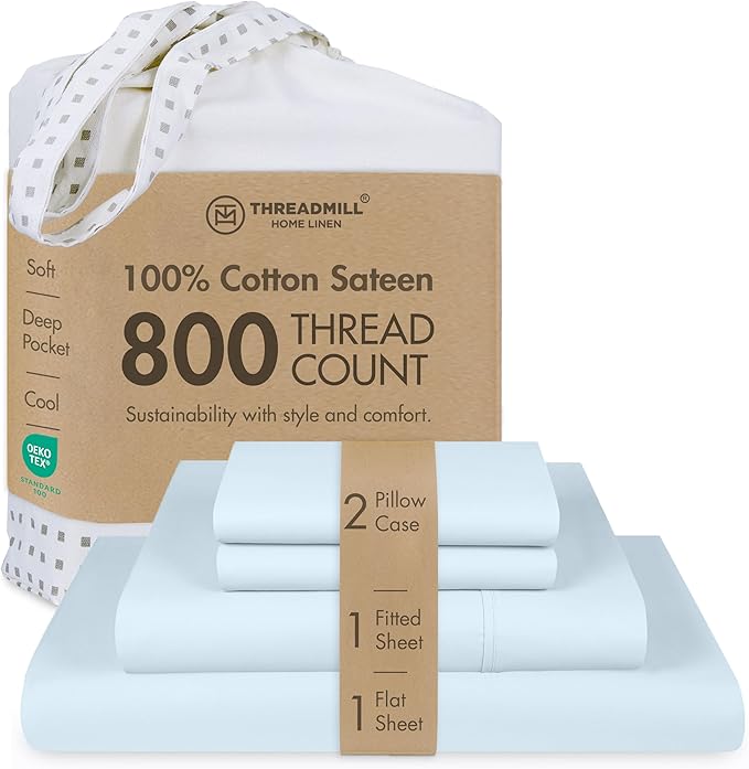 Threadmill Luxury 800 Thread Count Full Size 100% Cotton Sheets - Light Blue Sateen Weave Bed-Sheets, Better Than Egyptian Cotton, 4 Pc Solid Bedding Set, Fits 16" Deep Pocket