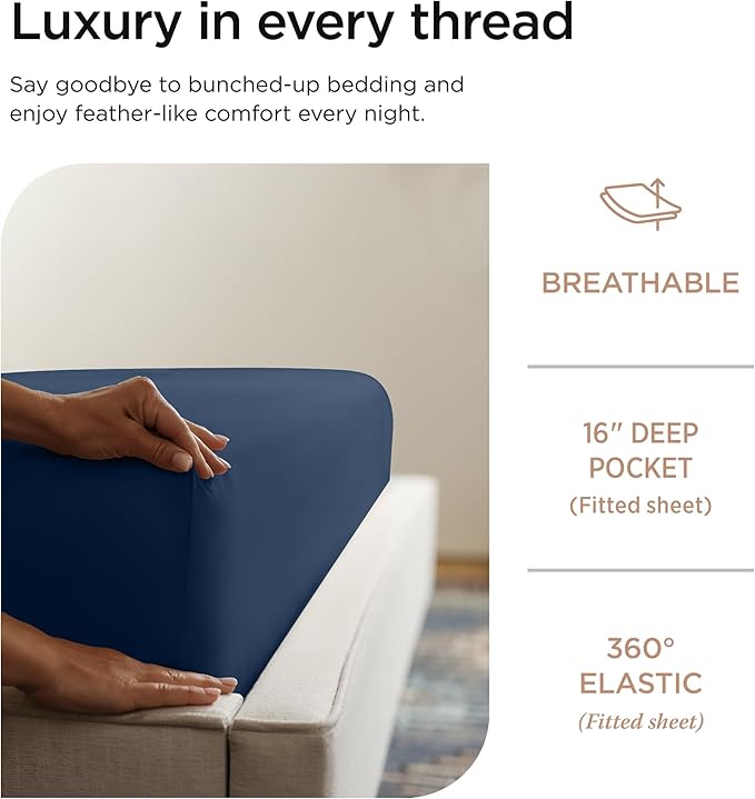 Threadmill Luxury 800 Thread Count Full Size 100% Cotton Sheets - Folkstone Blue Sateen Weave Bed-Sheets, Better Than Egyptian Cotton, 4 Pc Solid Bed Set, Fits 16" Deep Pocket