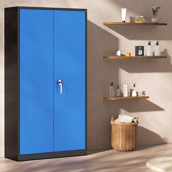 INTERGREAT Metal Storage Cabinet with Doors, 72" Locking Steel Storage Cabinet with Shelves, Tall Metal Cabinet Lockable Steel Cabinets for Home Office, Garage,(Black+Blue)