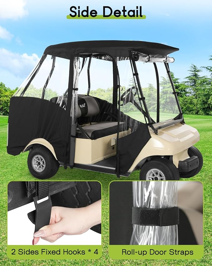 Golf Cart Enclosure 4 Passenger for Club Car DS 4-Seater 2+2 Short Roof Winter Waterproof Windproof Driving Rain Cover with 4-Sided Clear Windows Mirror Zipper Roll-up Door Black