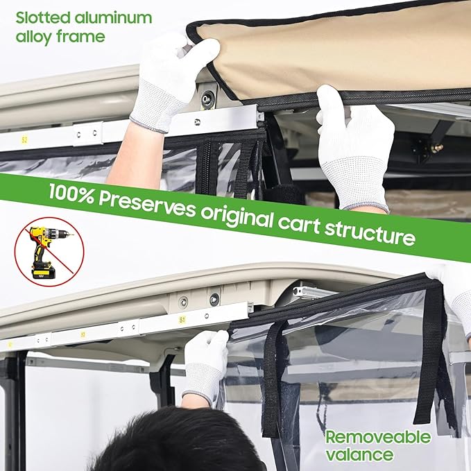 10L0L 3-Sided Track Style Golf Cart Enclosure fit 2 Passenger Yamaha G29 Drive,Waterproof 600D Oxford Cloth Yamaha Rain Cover with Aluminum Pre-Drilled Track,Clear PVC Windshield-Striped Valance