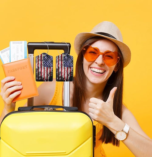 2 Pack American Flag Luggage Tags for Suitcases USA Cool Leather Luggage Tag for Travel Bag Tag Privacy Name ID Card Bag Labels for Friends Adults Kids Tourists