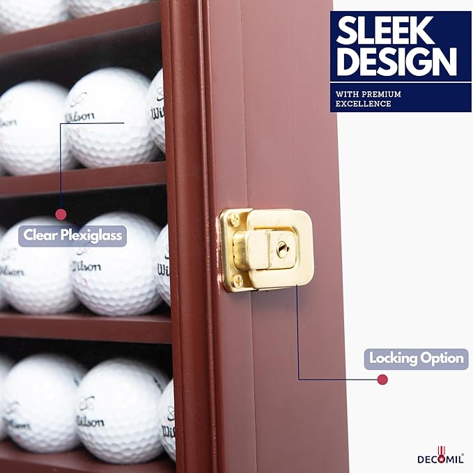 DECOMIL - Solid Wood Golf Ball Display Case Cabinet Wall Rack Holder UV Protection Lockable (Cherry, 49 Golf Ball)